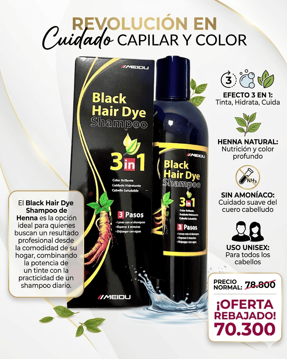 Black Hair Dye Shampoo de Henna 250mL | Cubre Canas Instant&aacute;neo