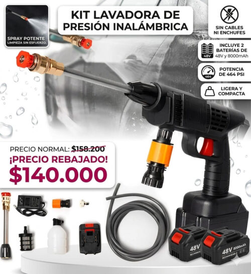 Hidrolavadora Inalámbrica a Batería 48V 464 PSI | Portátil con 2 Baterías