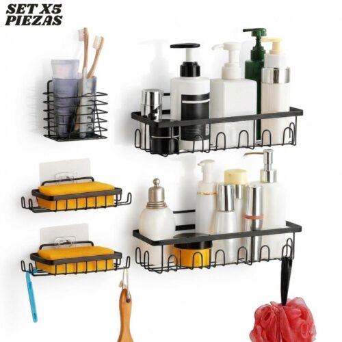 Estante Organizador de Pared para Baño COMPLETO | Set x5 Negro