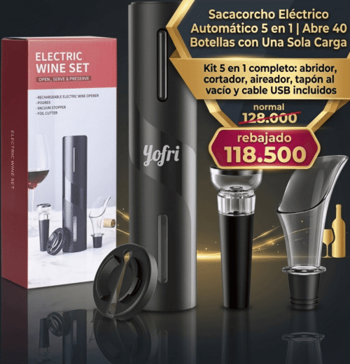 Sacacorcho Eléctrico Automático 5 en 1 | Abre 40 Botellas con Una Sola Carga