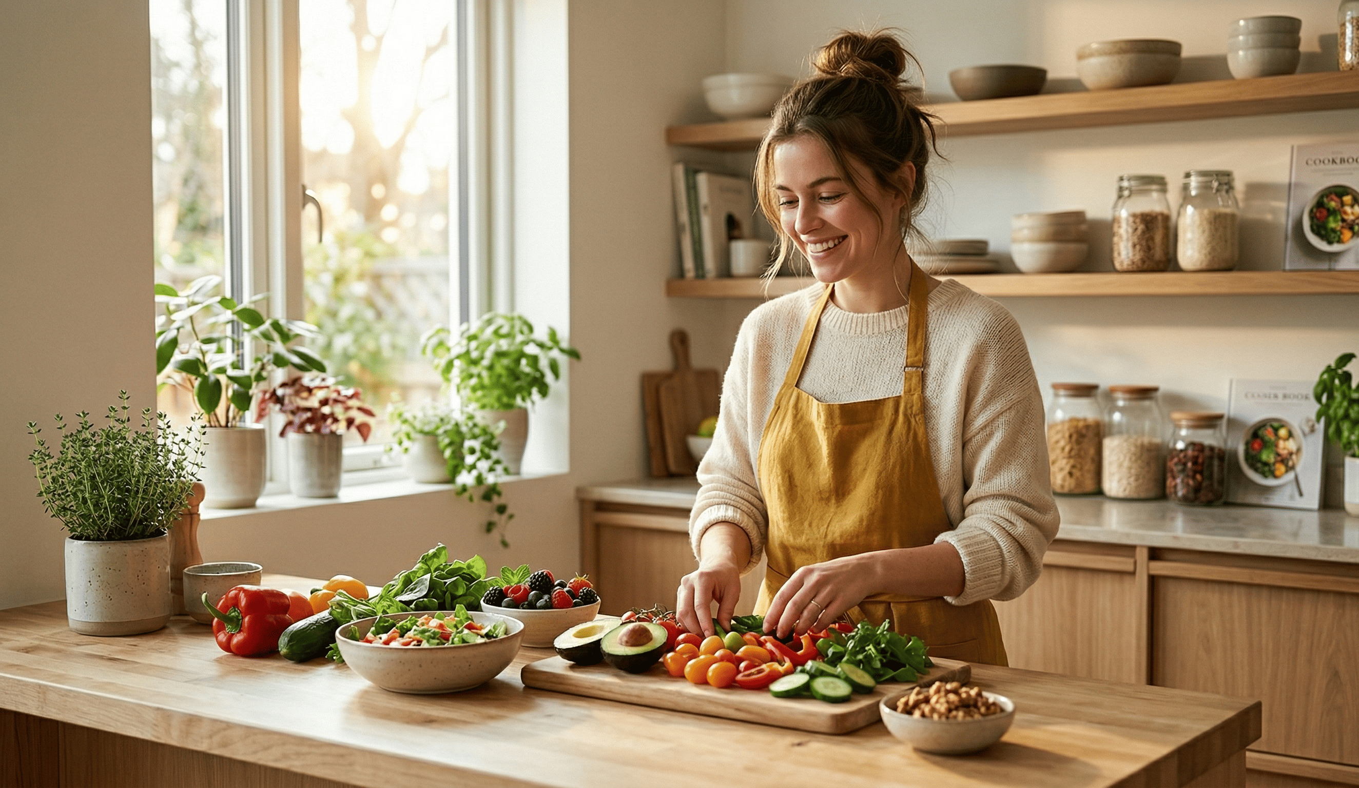 Joven en casa preparando comida saludable con vegetales frescos